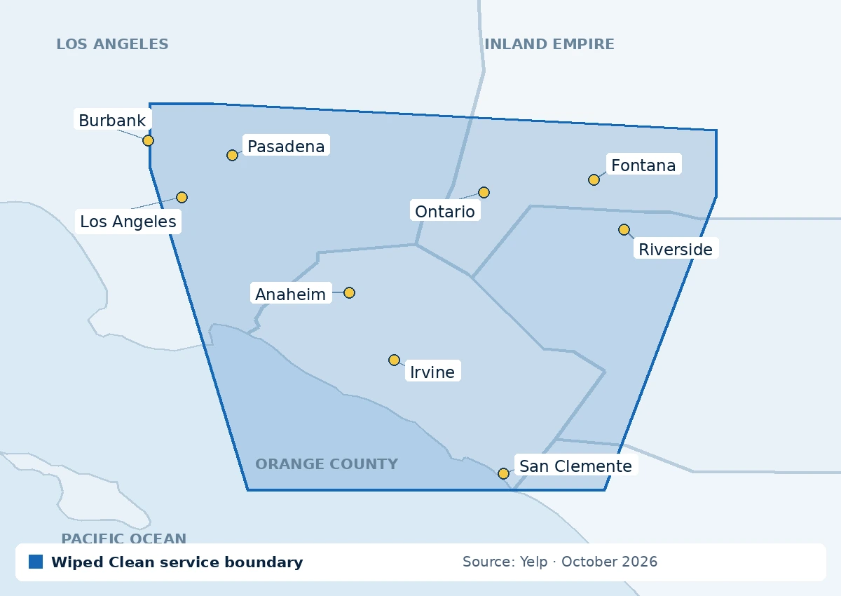 Wiped Clean service boundary from Yelp: Los Angeles, Orange County, the Inland Empire and northern San Diego County, extending south through San Clemente into northern San Diego County